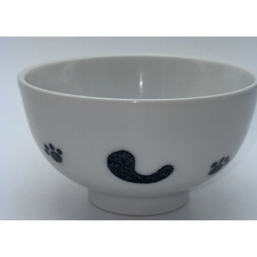 Cute Smiling Cat Black & White Japanese Rice Snack 4 Inch Bowl Porcelain